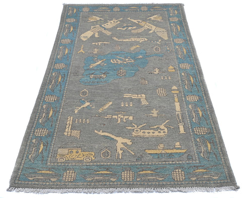 3x5 Gray Kuba Afghan Hand Knotted Wool Area Rug